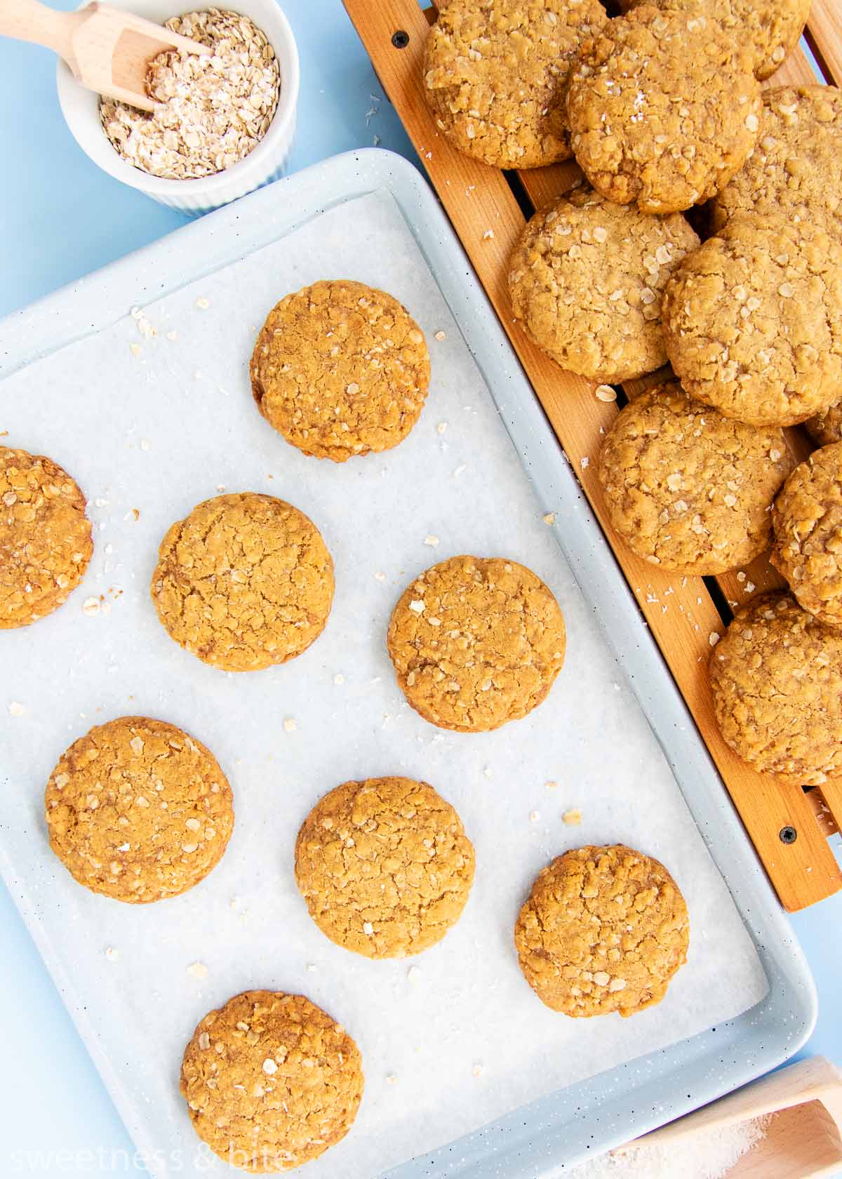 A baking tray of gluten free Anzac biscuits.