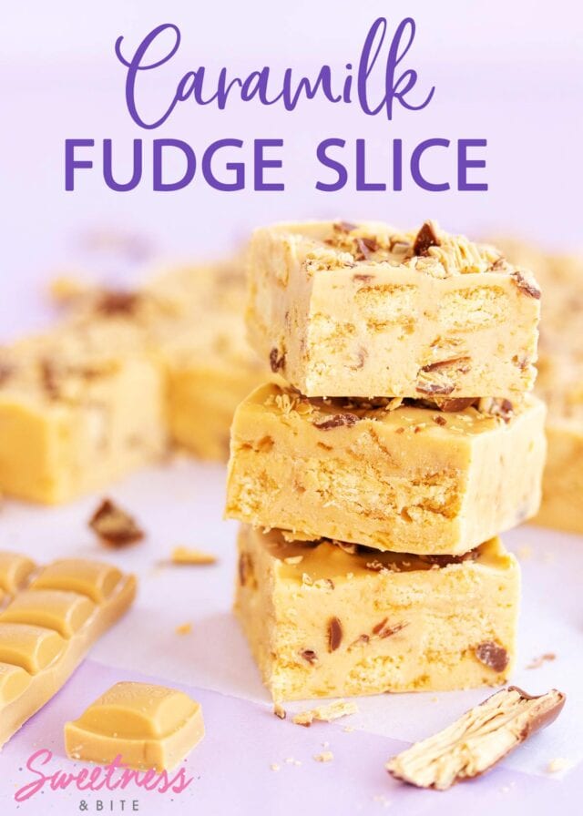 A stack of three pieces of Caramilk fudge slice