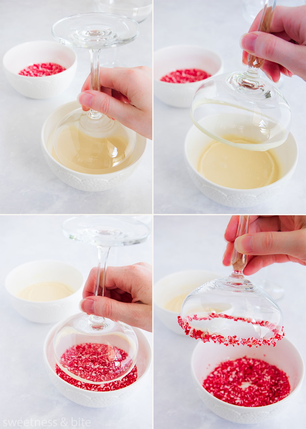 Collage of four photos showing cocktail glasses being dipped in melted white chocolate and crushed candy canes. 