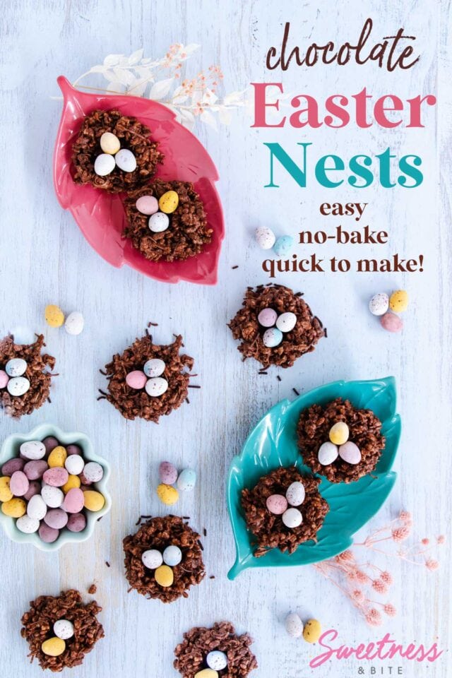 9 chocolate Easter nests, some on leaf-shaped plates, on a blue woodgrain background, surrounded by pastel eggs.