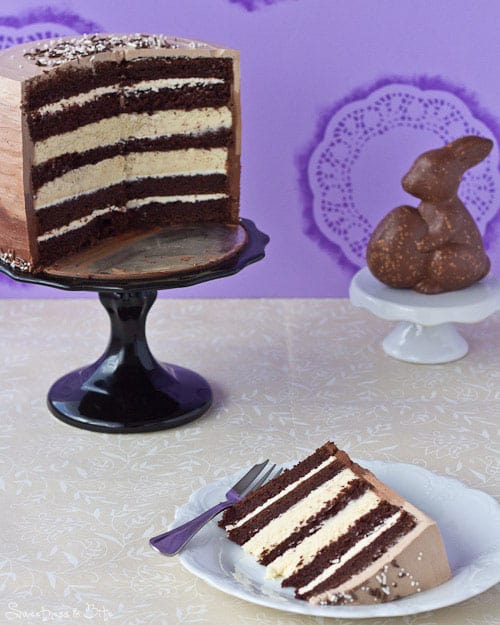 Chocolate and Vanilla Honey Cheesecake Layer Cake Slice