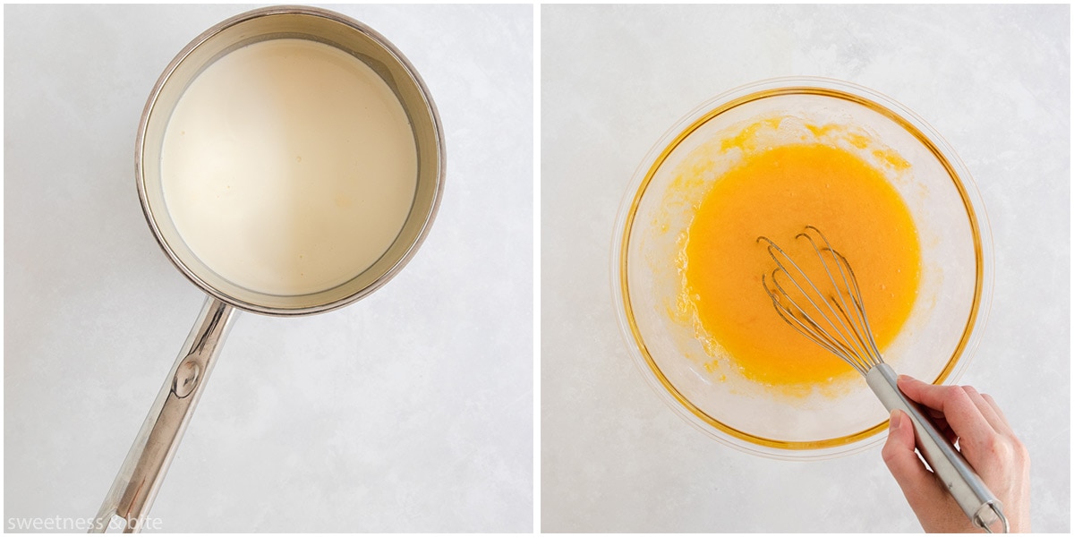 Milk and cream in a pan, and eggs in a bowl being beaten with a whisk.