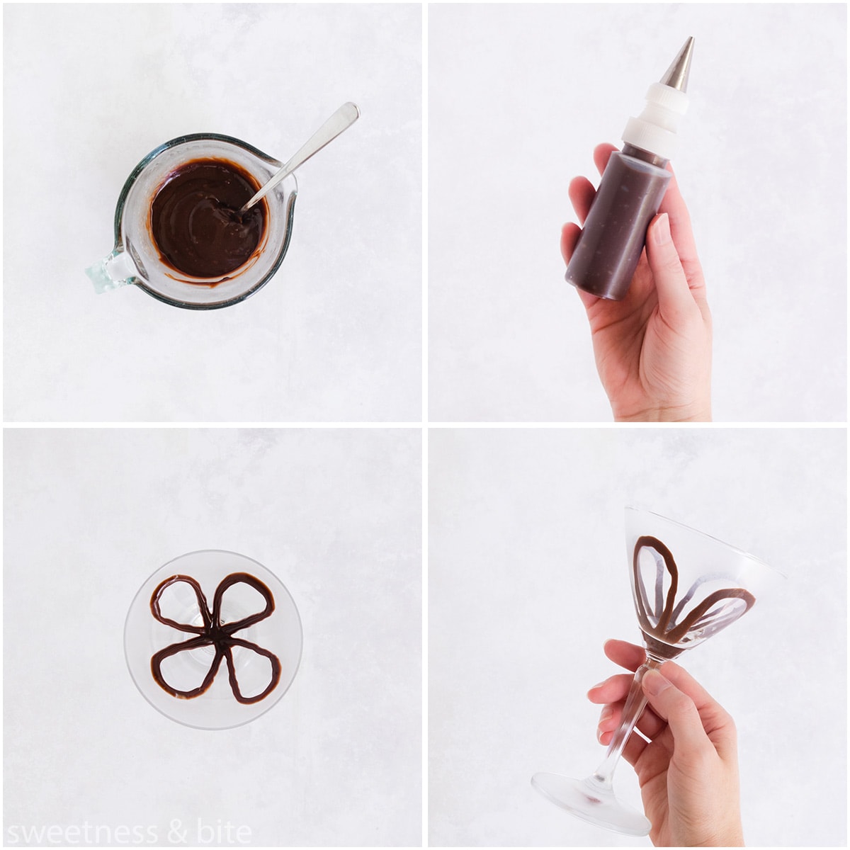 Collage of 4 images showing the ganache being piped into martini glasses with a squeeze bottle.