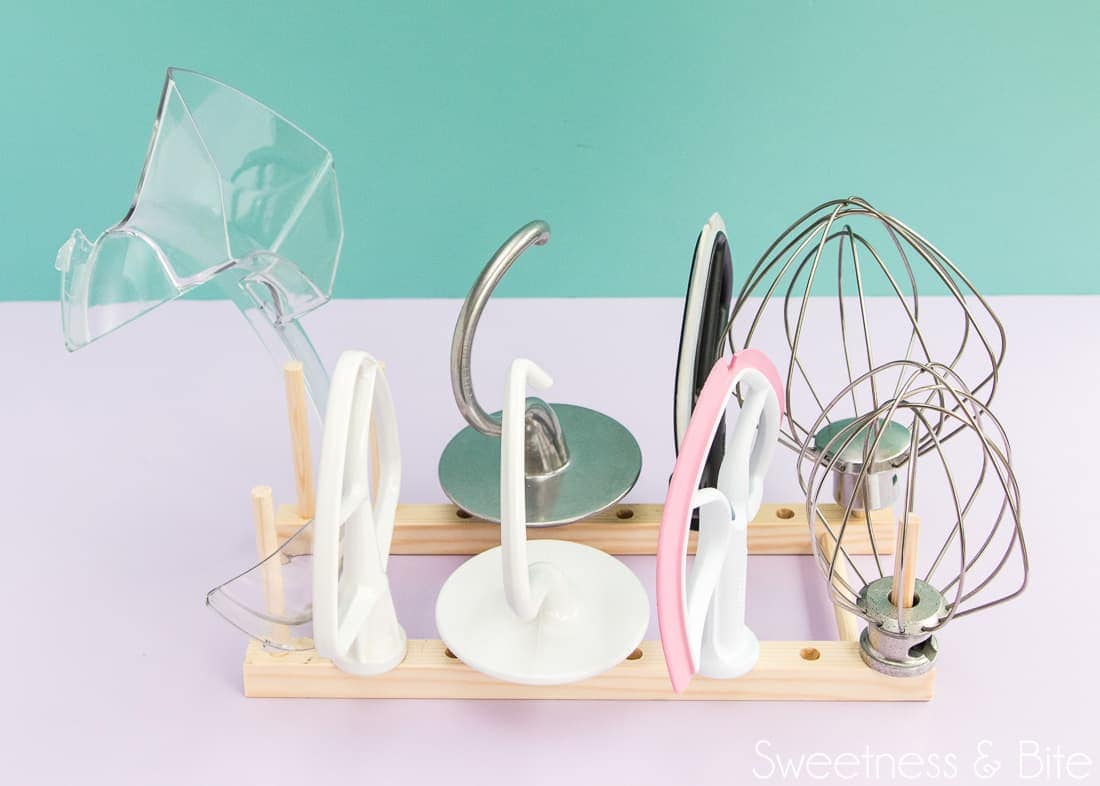 DIY Stand Mixer Attachment Organiser - Make your own handy organiser for your mixer attachments using a wooden plate rack.