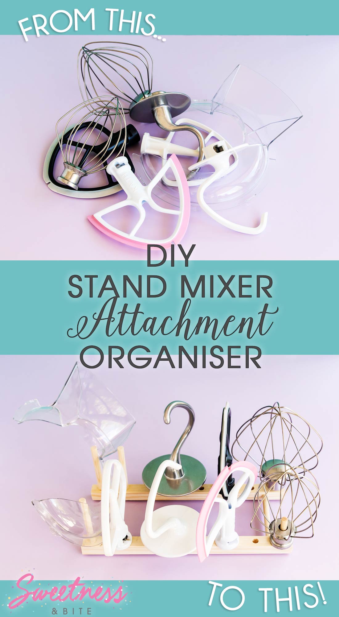 DIY Stand Mixer Attachment Organiser - Make your own handy organiser for your mixer attachments using a wooden plate rack.