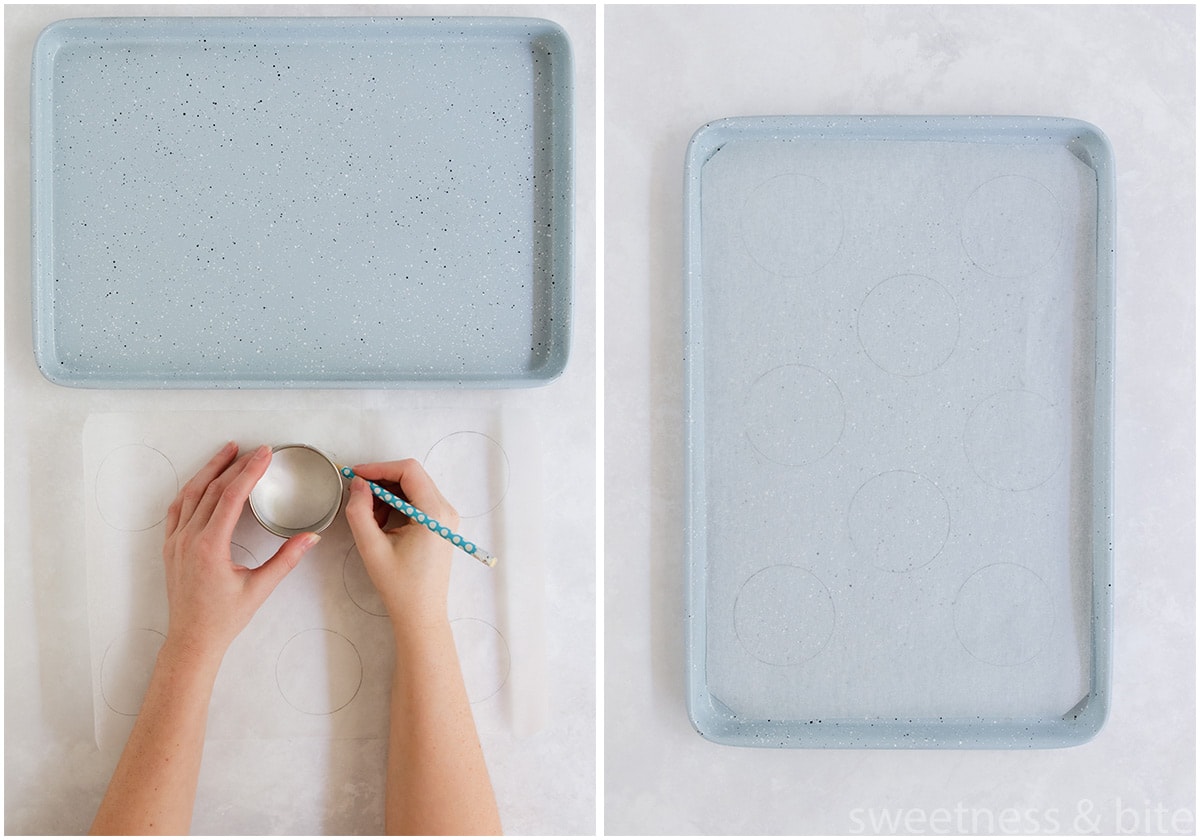 Circles being drawn onto a sheet of baking paper with a pencil.