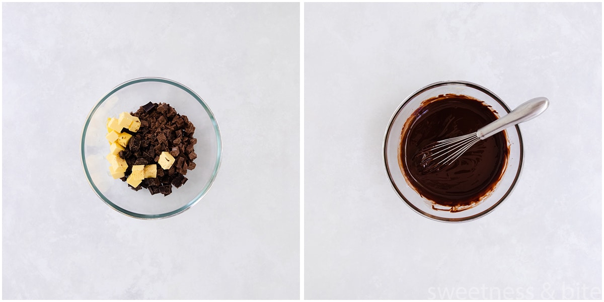 Collage of two images showing the butter and chocolate in a small bowl, and the melted mixture.