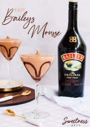 Two cocktail glasses filled with mousse, with a Baileys bottle in the background, text overlay reads: 