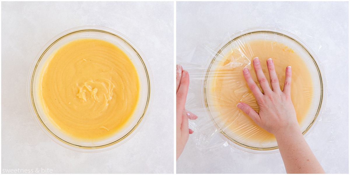 The finished custard being covered with plastic wrap.