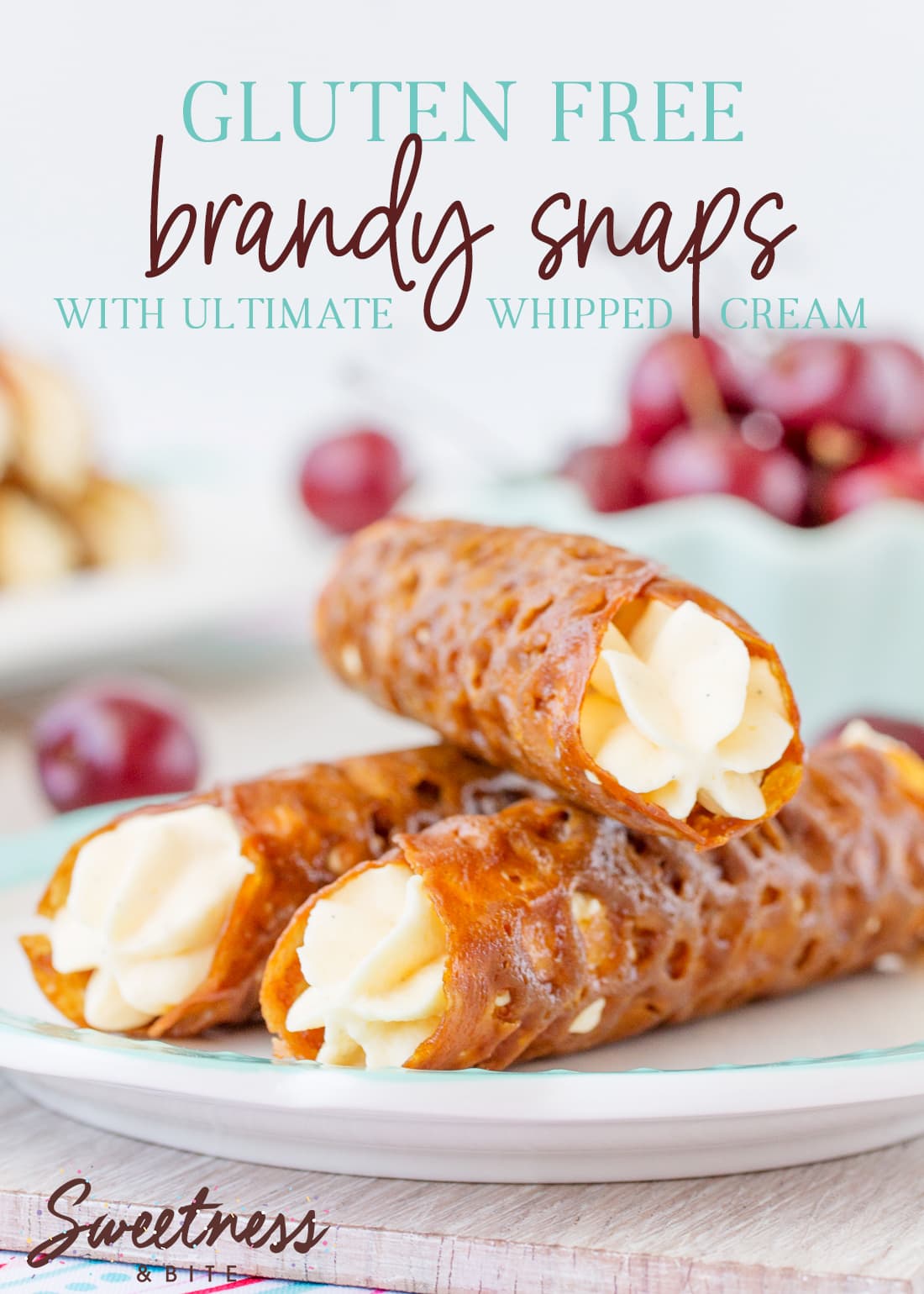 Three brandy snaps stacked on a plate, text overly reads 