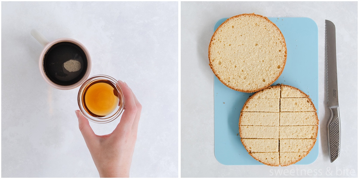 Gluten free sponge cake cut into fingers, and marsala being added to a cup of dark coffee.