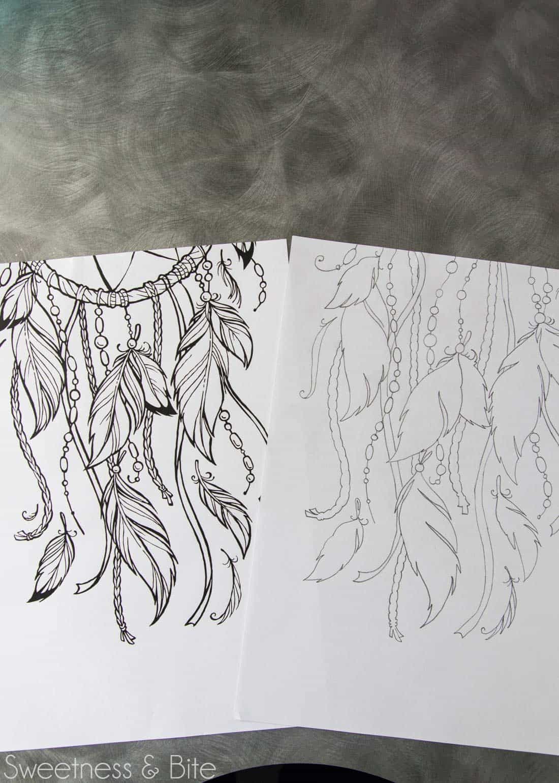 A dreamcatcher design printed onto paper and then traced onto another sheet of paper.