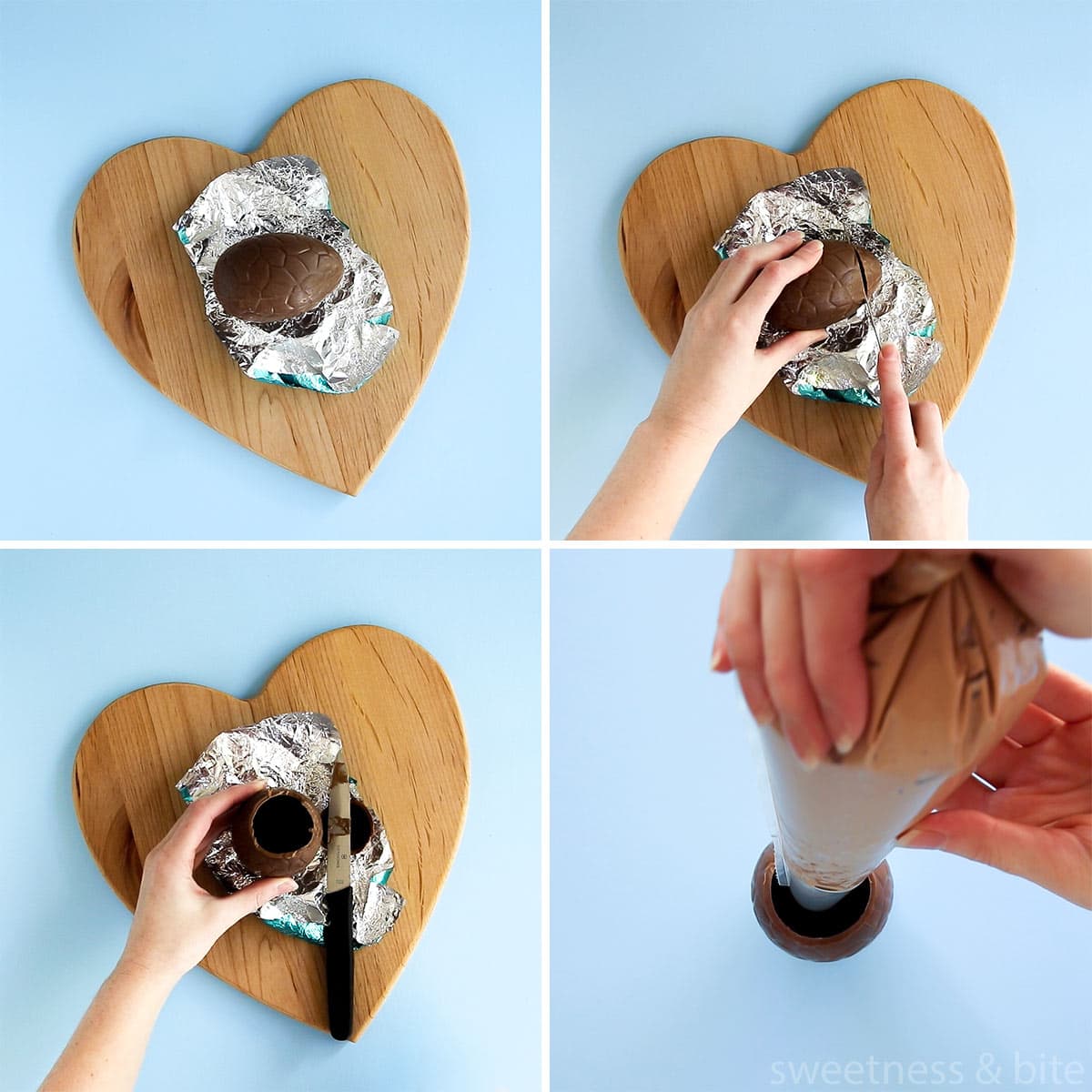 Collage of images showing the steps for cutting the tops off the Easter eggs, and filling the egg with mousse.