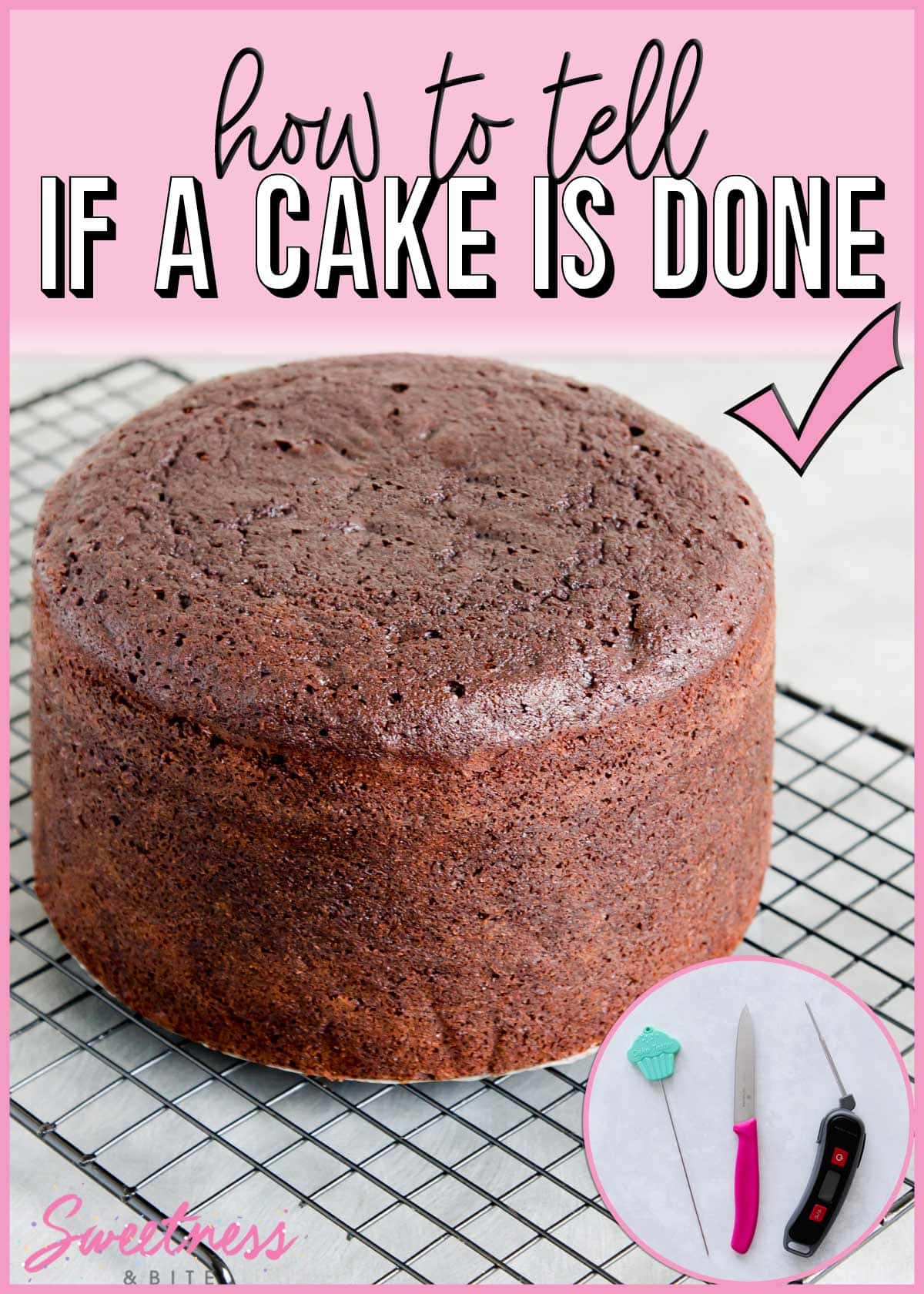 A chocolate cake on a wire cooling rack, text overlay reads 