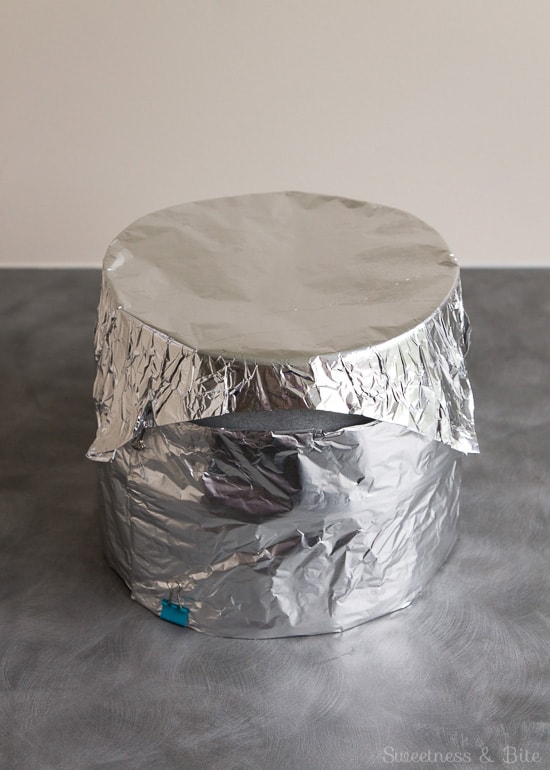 The cake pan, wrapped in the cake strip with a foil lid placed on top.