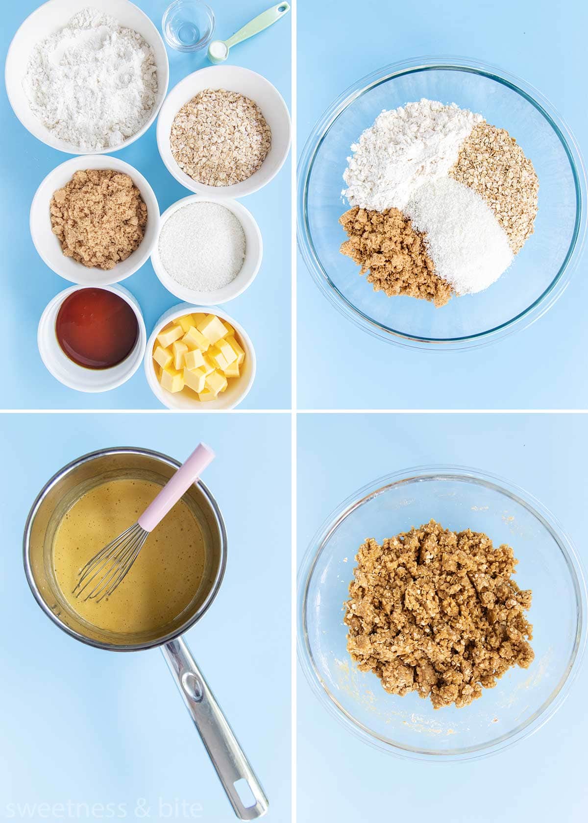 A collage of four images showing the gluten free Anzac biscuit ingredients and the dough being made.