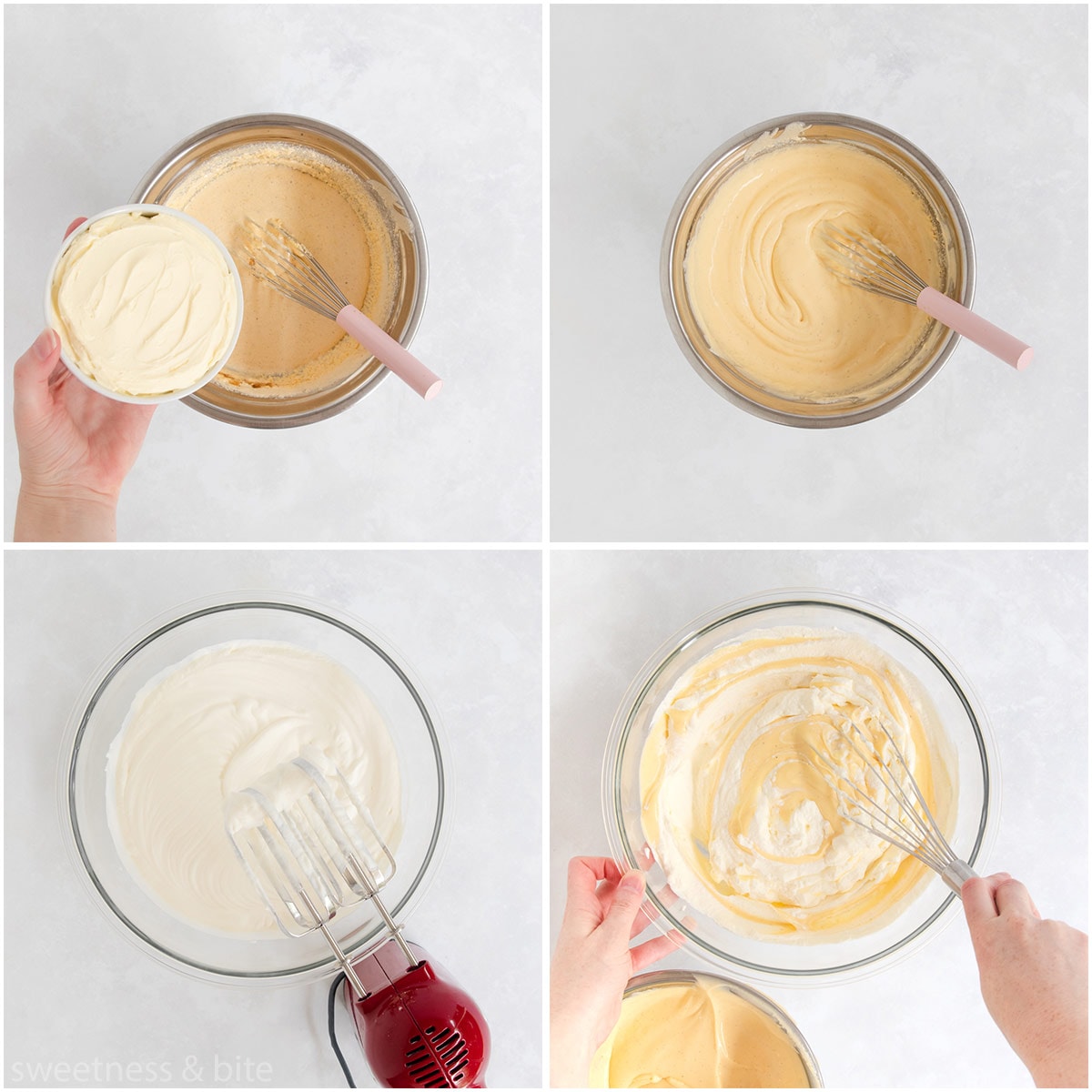 Collage of four images showing the mascarpone being added, the cream being whipped and it all being folded together.