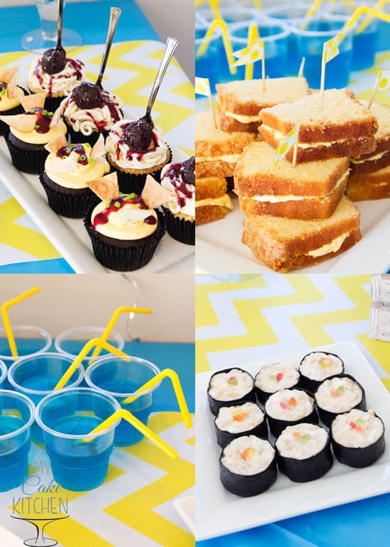 Mischievous Minion Party Food - Spaghetti & Meatball Cupcakes, Nacho Cupcakes, Cheese (Cake) Sandwiches and Sweet Sushi