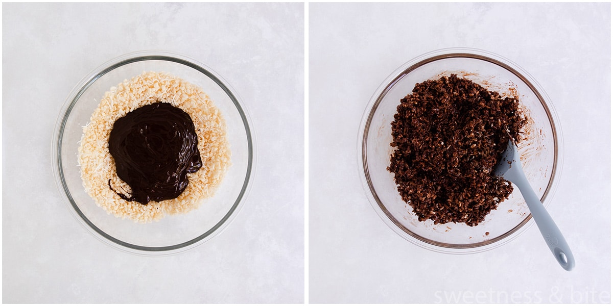 Collage of two images showing the wet ingredients being added to the dry, and the finished mixture.