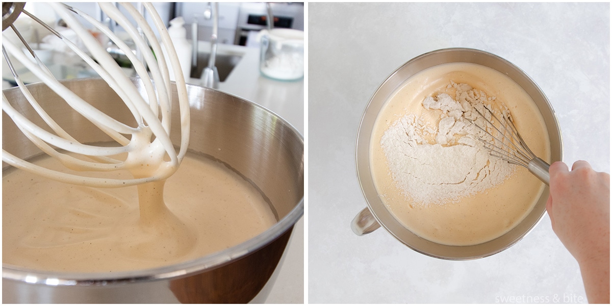 Eggs being whipped in an electric mixer, and flour being folded in.