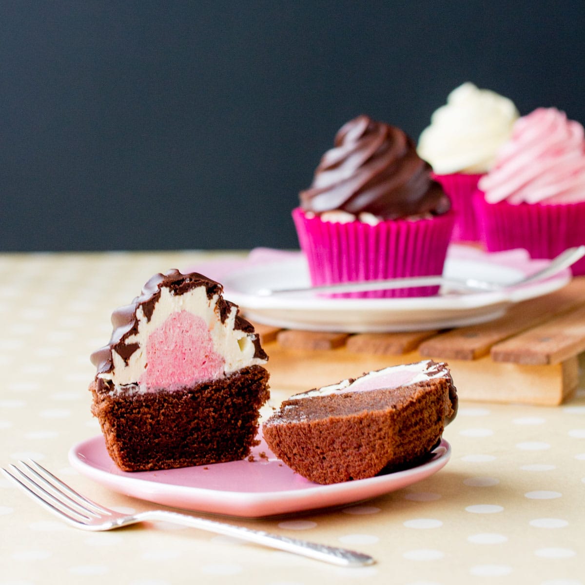 Neapolitan Surprise Cupcakes ~ Sweetness & Bite