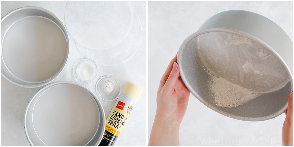 Two cake pans being lined with baking paper and dusted with flour,