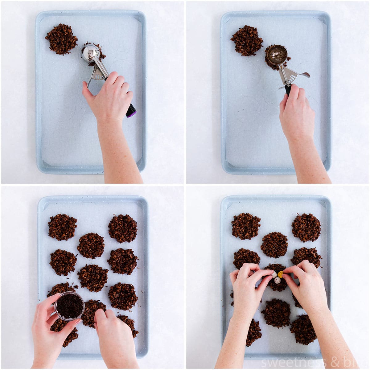 Collage of four images showing the mixture being scooped onto the baking tray and shaped into nests.