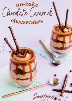 Chocolate caramel cheesecakes in glasses, topped with caramel sauce and chocolate balls.