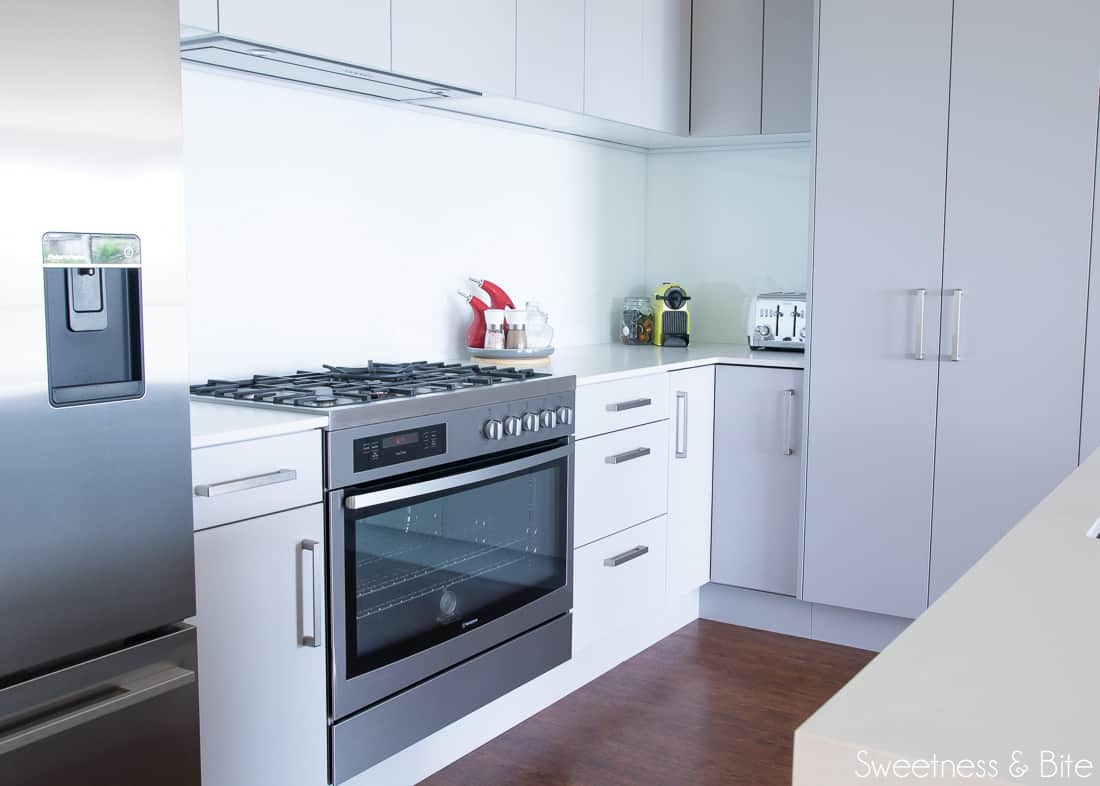 The LED lighting strip under the upper cabinets over the stove.