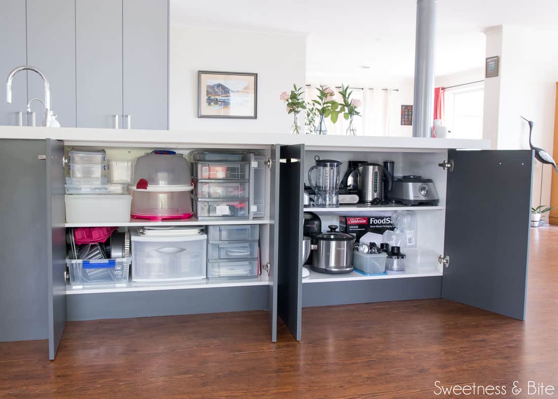 Inside the kitchen island cabinets. 