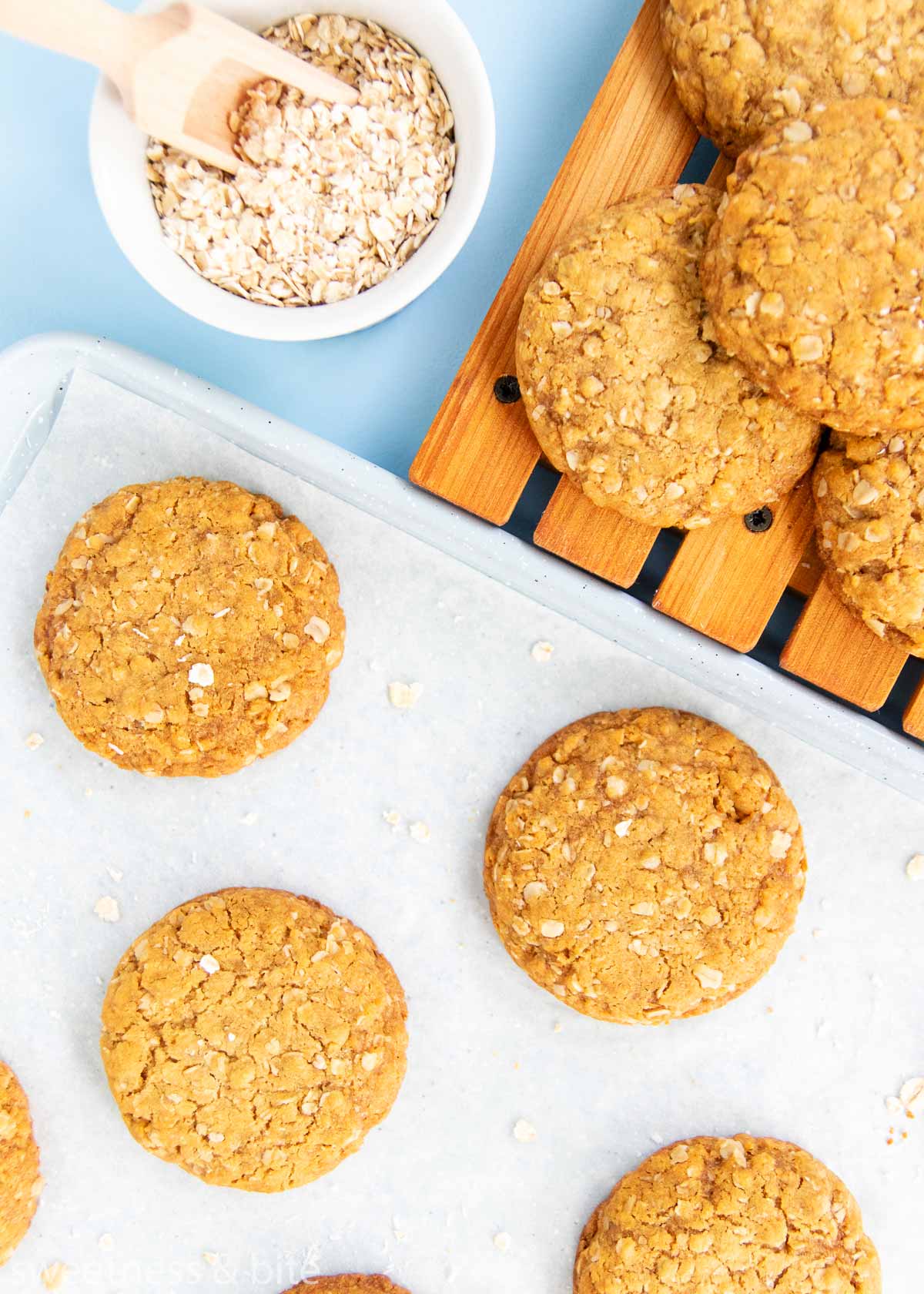 baked anzac biscuits on a tray