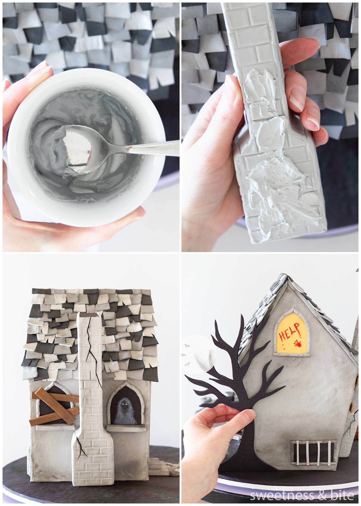 A collage of images of a haunted house cake, showing how to use melted fondant to attach the chimney and a 2D tree silhouette to sides of the cake.